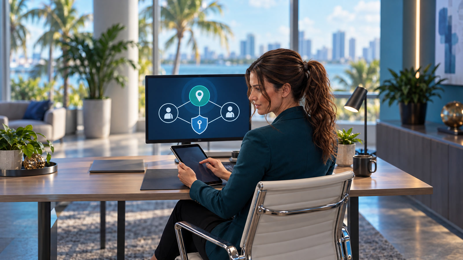 Jennifer Hudsen, with long chestnut-brown hair in a voluminous mid-high ponytail and loose curled tendrils, reviews an access-control diagram on an office monitor while holding a tablet.