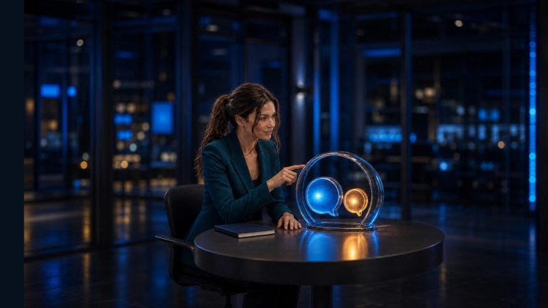 Original Jennifer newsroom art: Jennifer Hudsen points toward an unbranded glass protective arch surrounding blue and amber conversation lights, symbolizing age-appropriate AI safeguards.