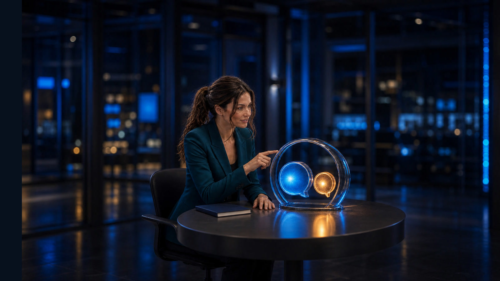 Original Jennifer newsroom art: Jennifer Hudsen points toward an unbranded glass protective arch surrounding blue and amber conversation lights, symbolizing age-appropriate AI safeguards.