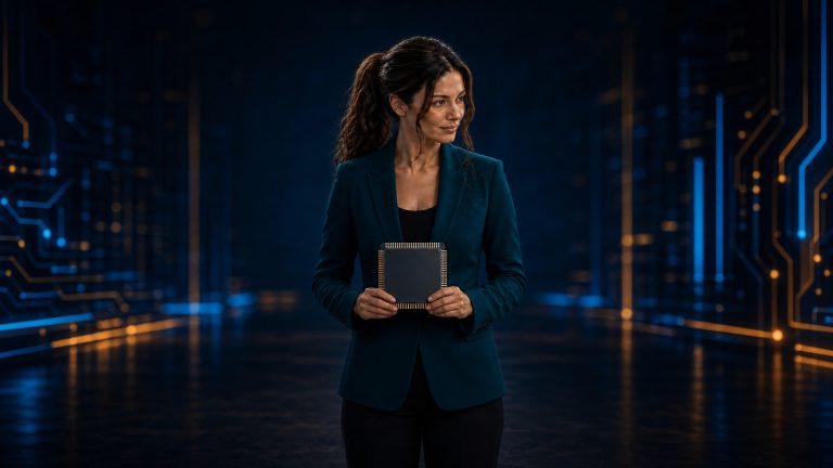 Original Jennifer newsroom concept art: Jennifer Hudsen, centered in a midnight newsroom, considers abstract unbranded memory-chip lights symbolizing Micron Taiwan labor talks and conditional supply risk. Not a real facility, interface, employee scene or company image.