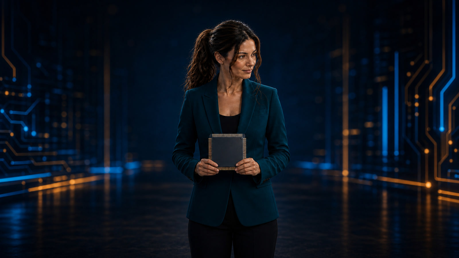 Original Jennifer newsroom concept art: Jennifer Hudsen, centered in a midnight newsroom, considers abstract unbranded memory-chip lights symbolizing Micron Taiwan labor talks and conditional supply risk. Not a real facility, interface, employee scene or company image.