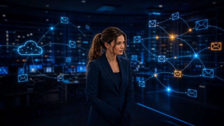 Original Jennifer newsroom art: Jennifer Hudsen studies unbranded glowing envelope symbols and reconnecting network paths representing a cloud-email authentication outage and gradual recovery.
