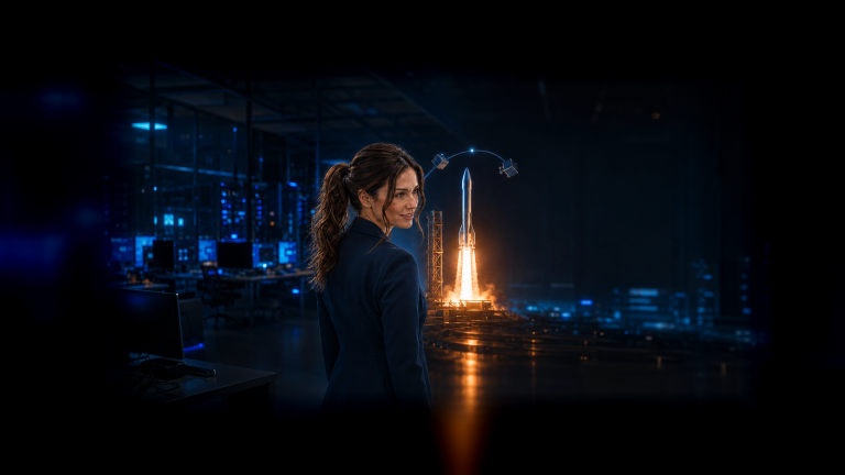 Jennifer Hudsen beside an original newsroom visualization of an unbranded rocket reaching orbit. Not an Isar Aerospace, ESA or Andøya image or official interface.