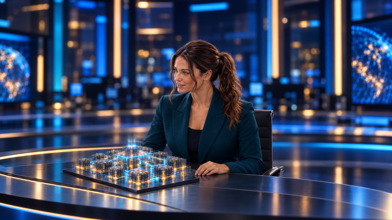 Jennifer Hudsen in a late-night newsroom beside a small generic luminous accelerator-cluster sculpture; original concept art, not JD Cloud, Moore Threads hardware, or a real data center.