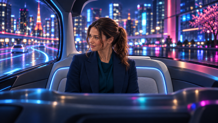 Original editorial concept art of Jennifer Hudsen seated in an abstract driverless taxi cabin against a neon city-night backdrop.