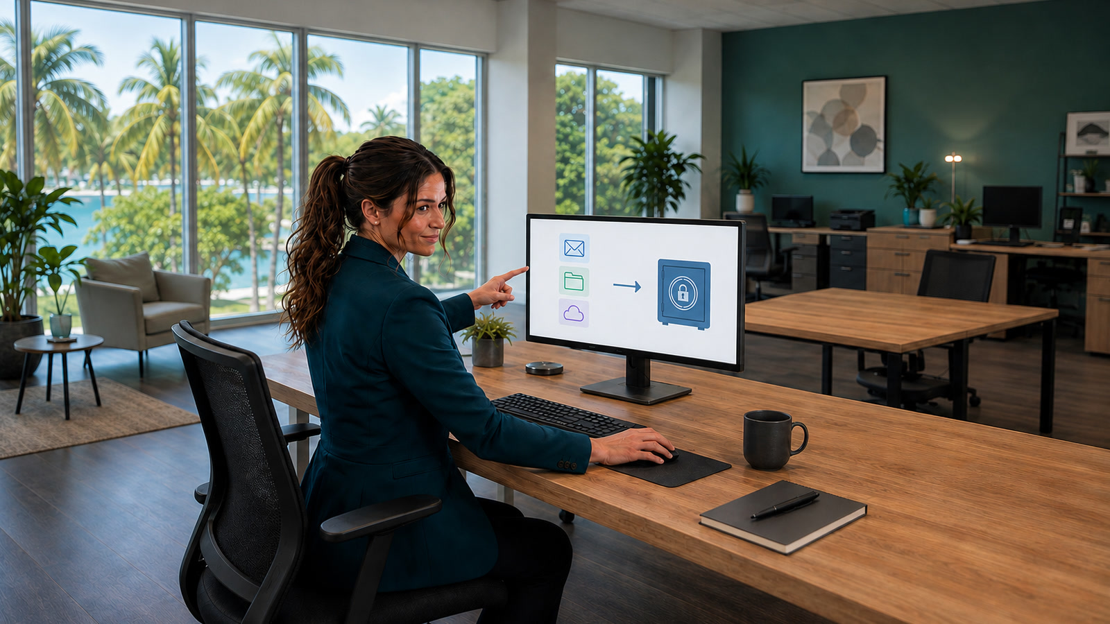 Jennifer Hudsen, in profile with her chestnut ponytail, reviews a generic cloud recovery diagram on a large monitor beside an encrypted backup appliance in a modern small-business office.