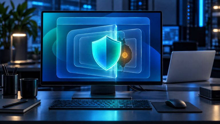 Original illustration of a blue browser window protected by a luminous shield and layered sandbox barrier, with an amber risk node contained behind it and a calm unbranded laptop in the background.