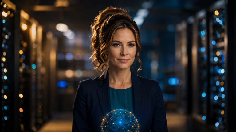 Jennifer Hudsen studies an abstract glowing AI network in a late-night server newsroom. Original synthetic editorial concept about European AI financing and infrastructure; not Mistral, Samsung, EQT or PSG media, a real facility, or an official interface.