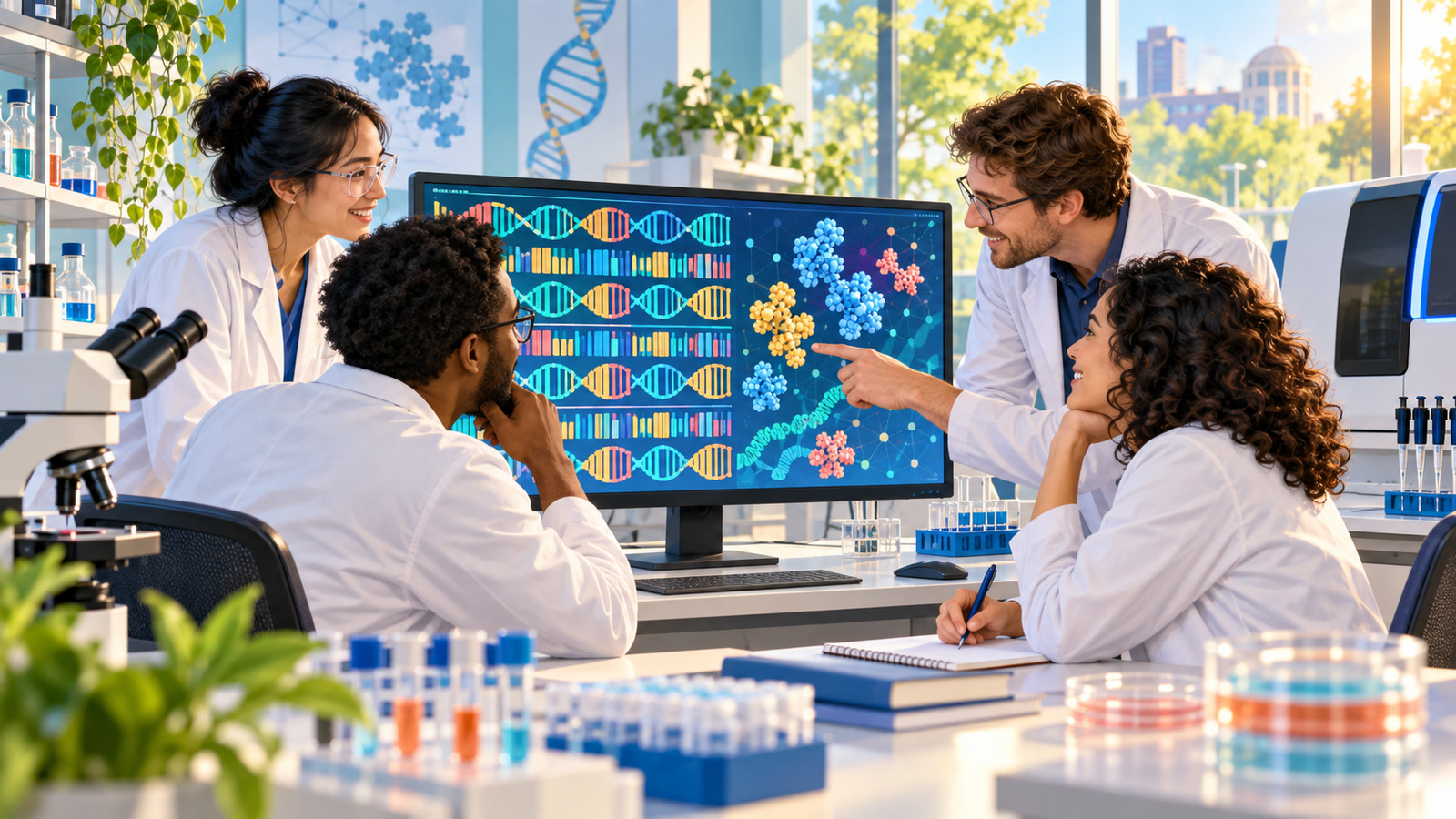 Original editorial illustration of four scientists collaborating around a monitor displaying colorful repeating DNA-like patterns in a bright laboratory.