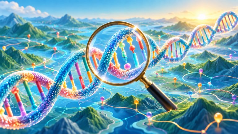 Original conceptual illustration of a colorful DNA double helix crossing a bright research-map landscape beneath a large magnifying glass.