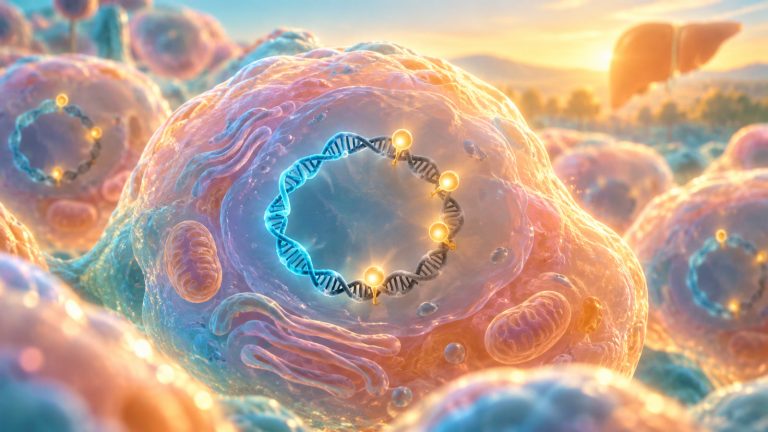 Original editorial illustration of a glowing liver cell with a circular DNA strand and soft methyl-tag lights, representing experimental non-cutting epigenetic silencing in preclinical hepatitis B research.