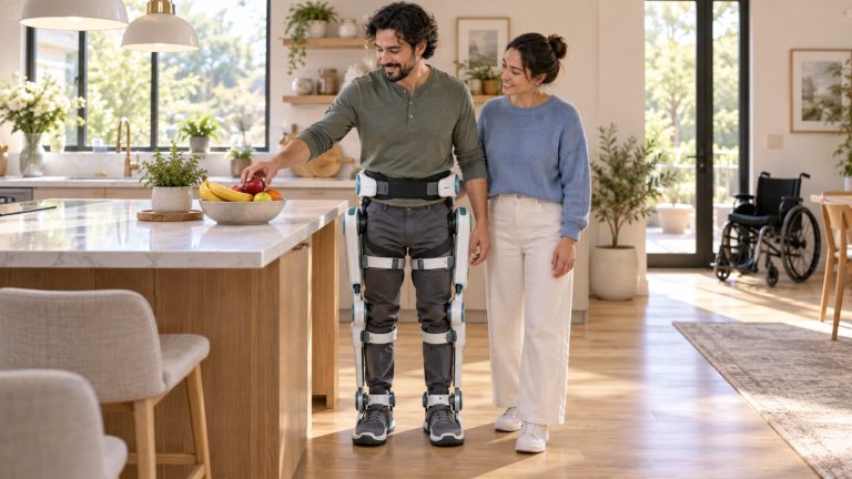 Original editorial illustration of an adult standing hands-free in a bright kitchen with a generic lower-body exoskeleton while a trained companion stands nearby; an empty wheelchair is visible in the background.