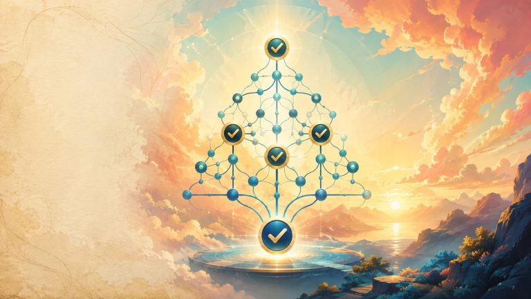 Original editorial illustration of a luminous branching verification tree with blue nodes and gold checkmarks rising from a blank parchment-like margin into a sunrise sky.