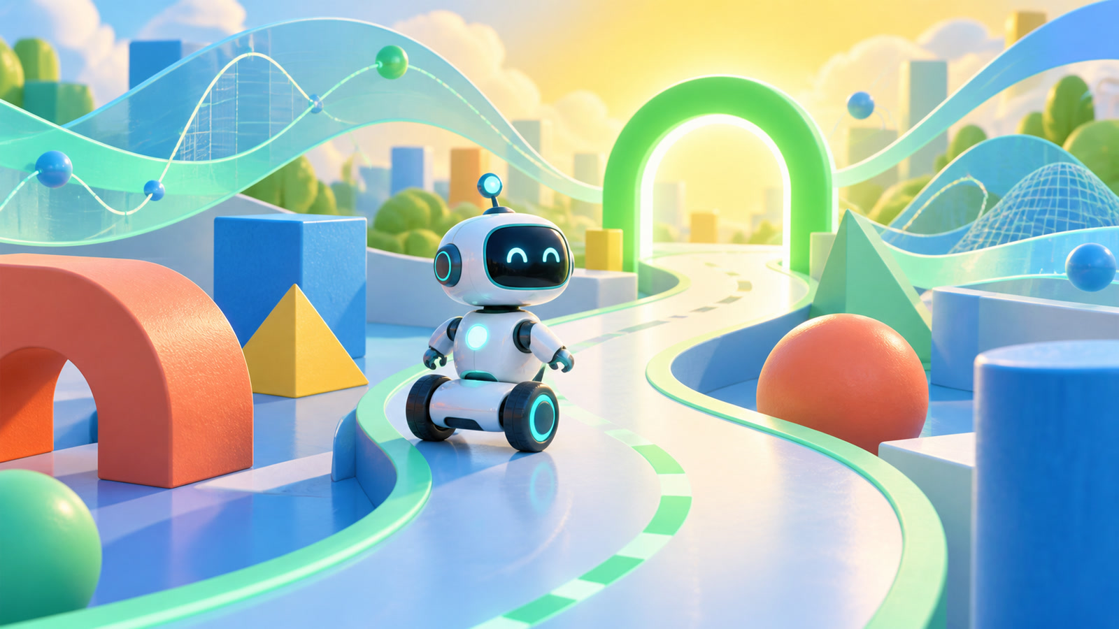 Original editorial illustration of a friendly research robot following a glowing curved path between colorful geometric obstacles toward a green finish gate.