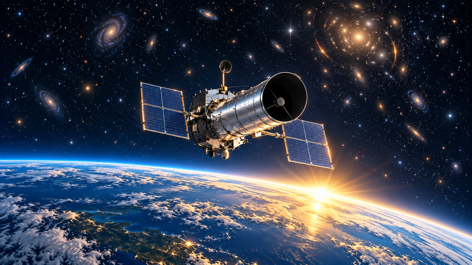 Original editorial illustration of a silver cylindrical space telescope with blue solar panels orbiting above Earth at sunrise, with a distant galaxy cluster in the background.