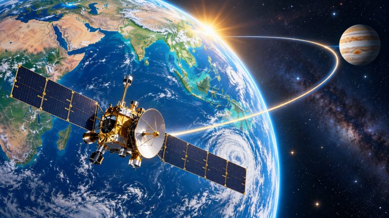Original editorial illustration of a gold deep-space probe sweeping past a sunlit blue Earth along a glowing curved path toward distant Jupiter.