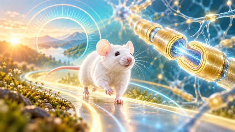 Original editorial illustration of a white laboratory mouse moving along a bright path beside a stylized nerve fiber with golden myelin, representing hopeful preclinical research.