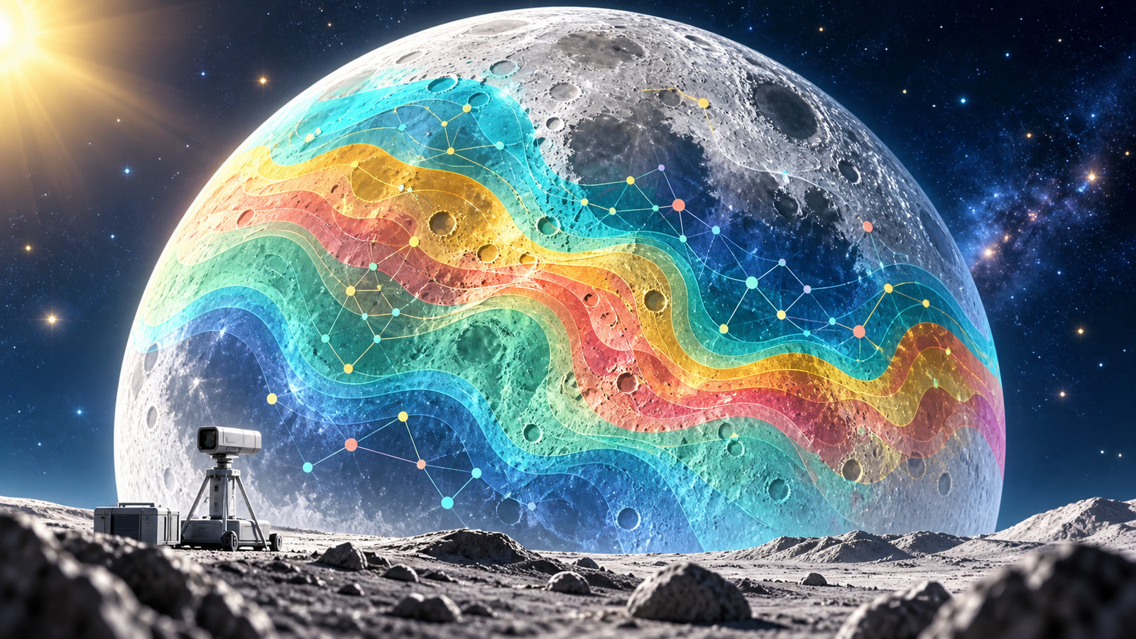 Original conceptual illustration of a large Moon covered by colorful layered map bands and connected data points above a small lunar research instrument.
