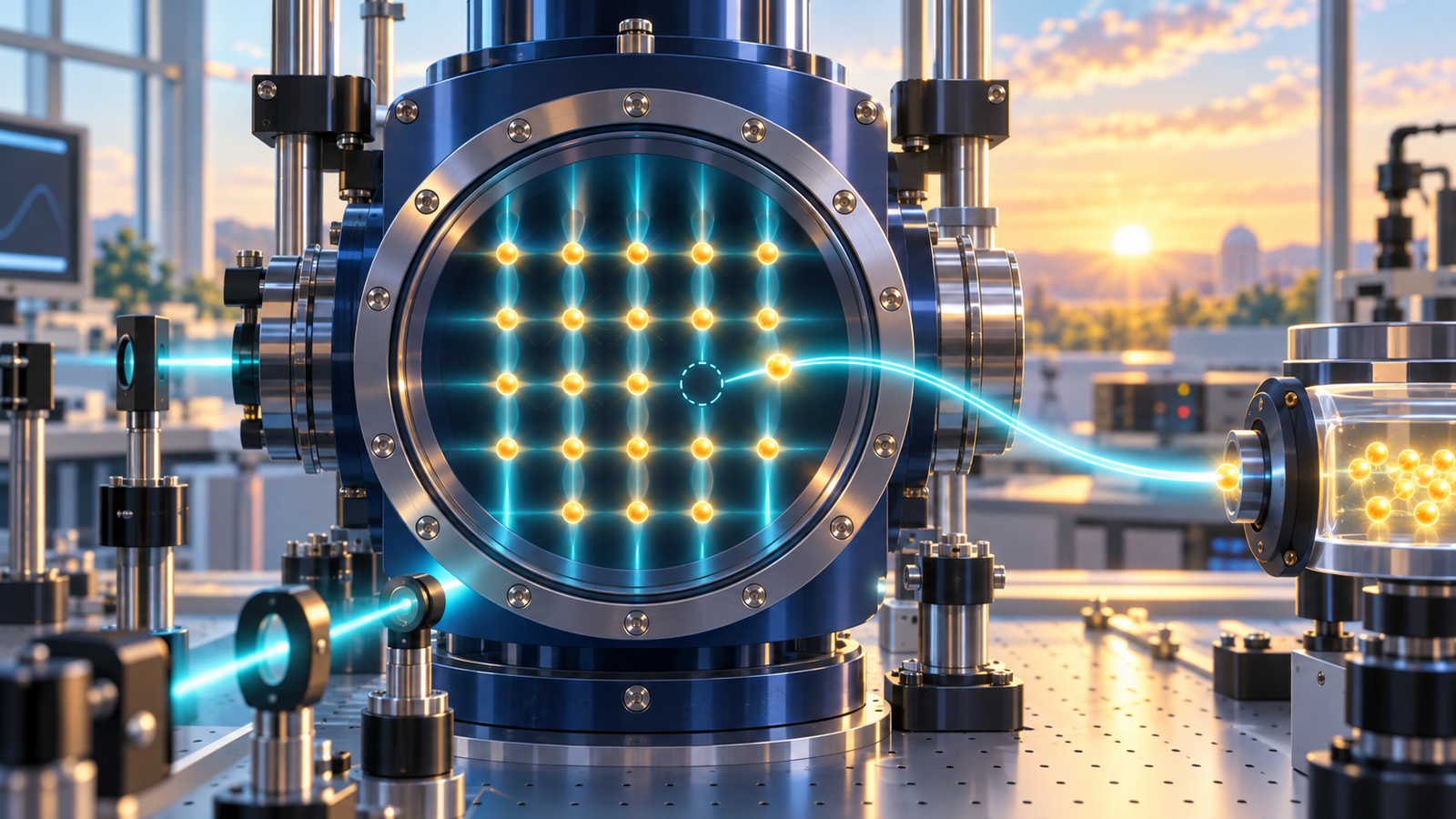 Editorial illustration of a glowing neutral-atom array as a replacement atom travels from a nearby reservoir into an empty position