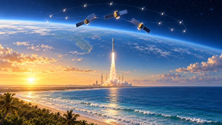 Original editorial illustration of a rocket launching from Florida at sunrise while three communications satellites join a larger orbital constellation.