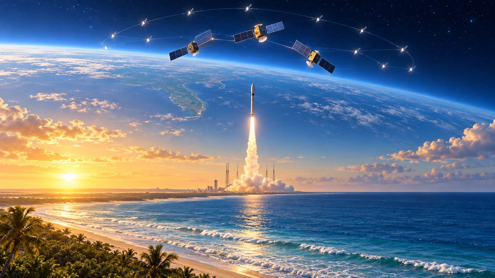Original editorial illustration of a rocket launching from Florida at sunrise while three communications satellites join a larger orbital constellation.