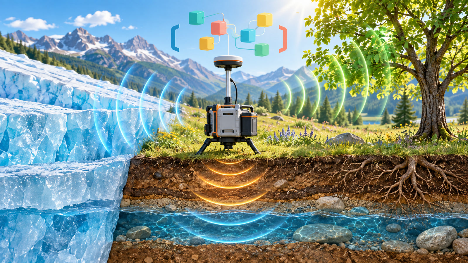 Original editorial illustration of a compact field radar instrument sending signal waves through glacier ice, soil, groundwater, and a tree-root landscape.