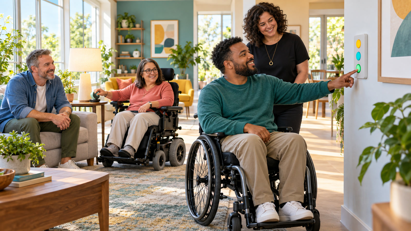Original editorial illustration of two wheelchair users and two companions exploring simple accessible home controls together in a bright living room.
