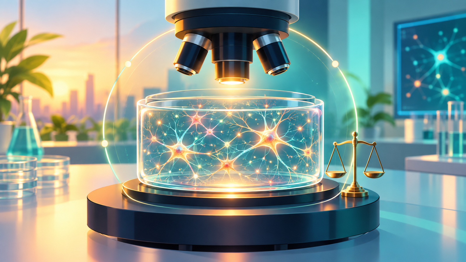 Conceptual editorial illustration of glowing neural cells in a laboratory dish beneath a microscope, with balance scales symbolizing ethical review