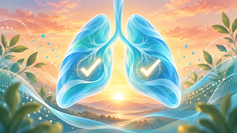 Original editorial illustration of two translucent blue lung shapes, each containing a glowing checkmark, above a warm sunrise landscape.