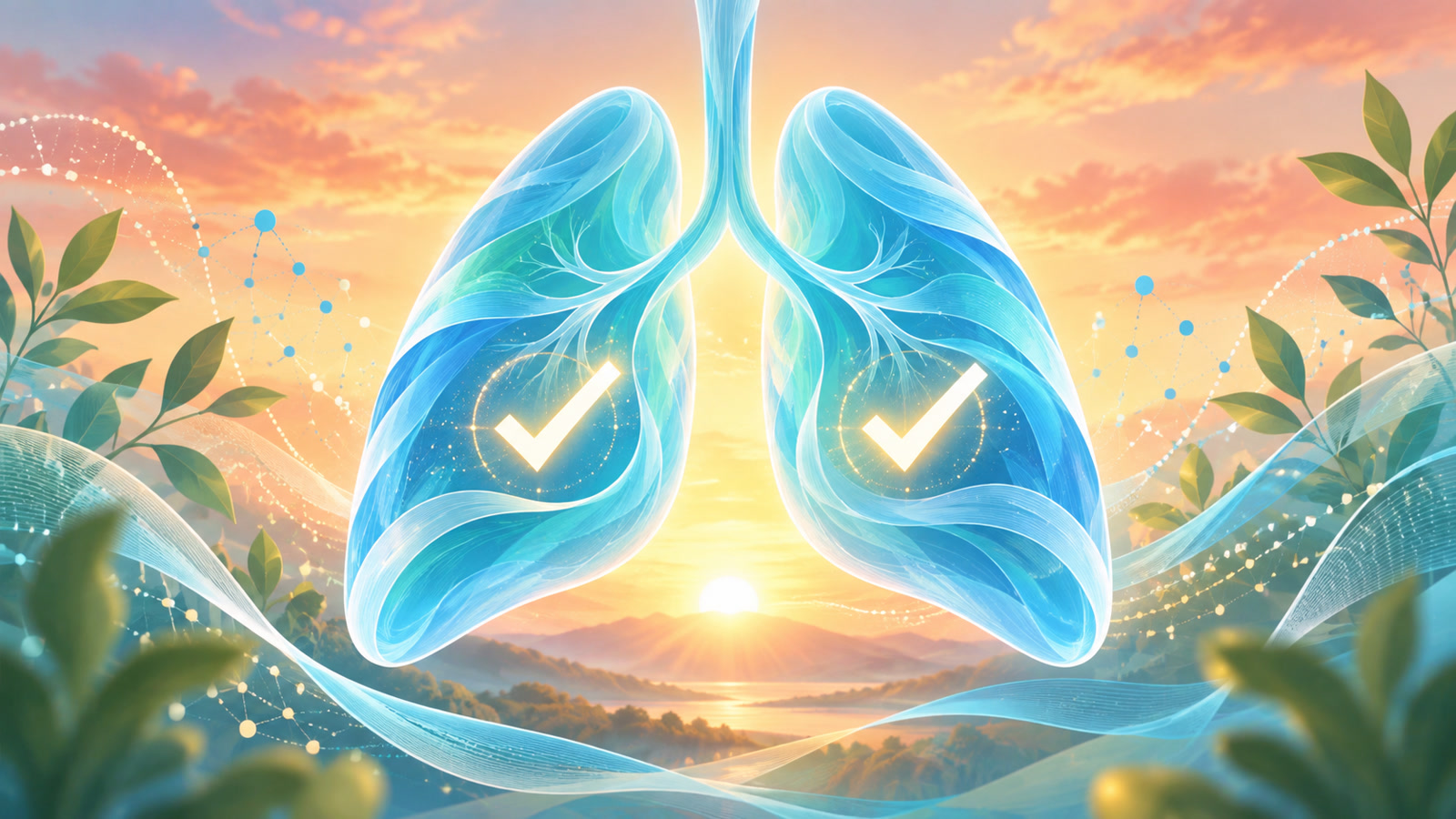 Original editorial illustration of two translucent blue lung shapes, each containing a glowing checkmark, above a warm sunrise landscape.