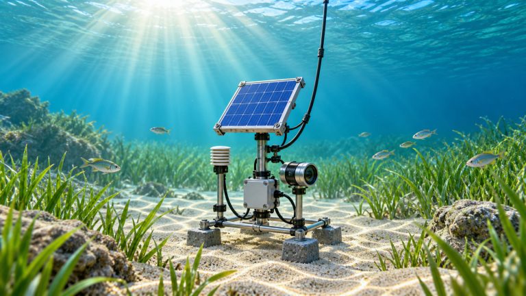Original conceptual illustration of a modest underwater solar panel powering an environmental sensor and camera on the seafloor beneath clear sunbeams.