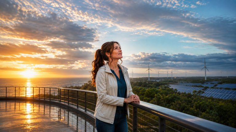 Jennifer looks toward layered dawn clouds from a coastal terrace, with wind turbines and solar panels in the distance.