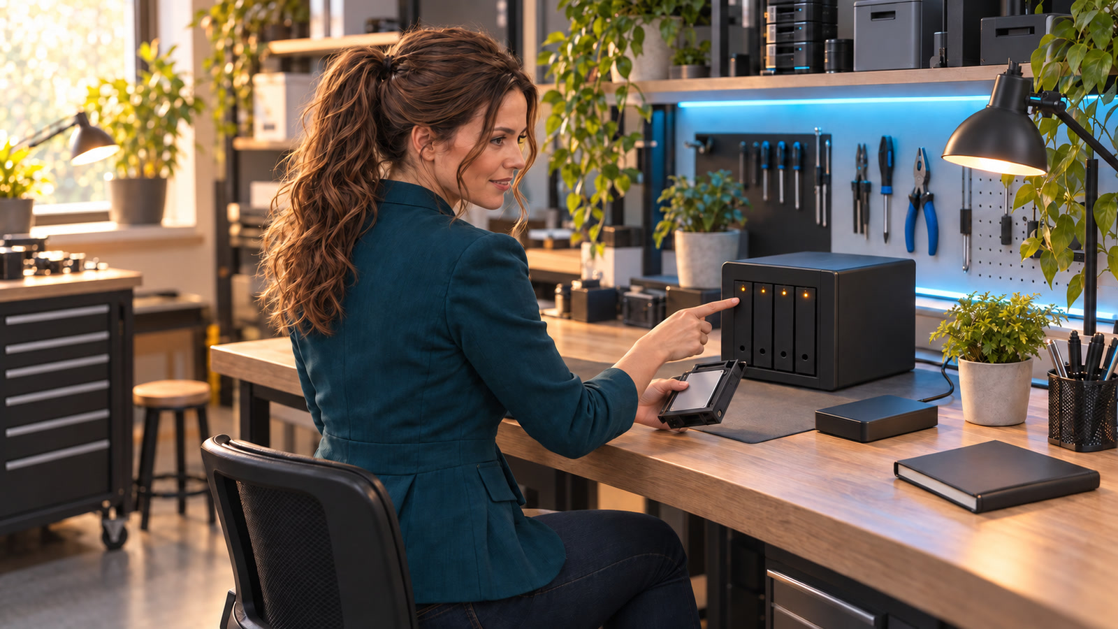 Jennifer Hudsen, in three-quarter profile, checks drive-bay indicators on an unbranded four-bay NAS while holding a labeled replacement drive at a tidy workbench.