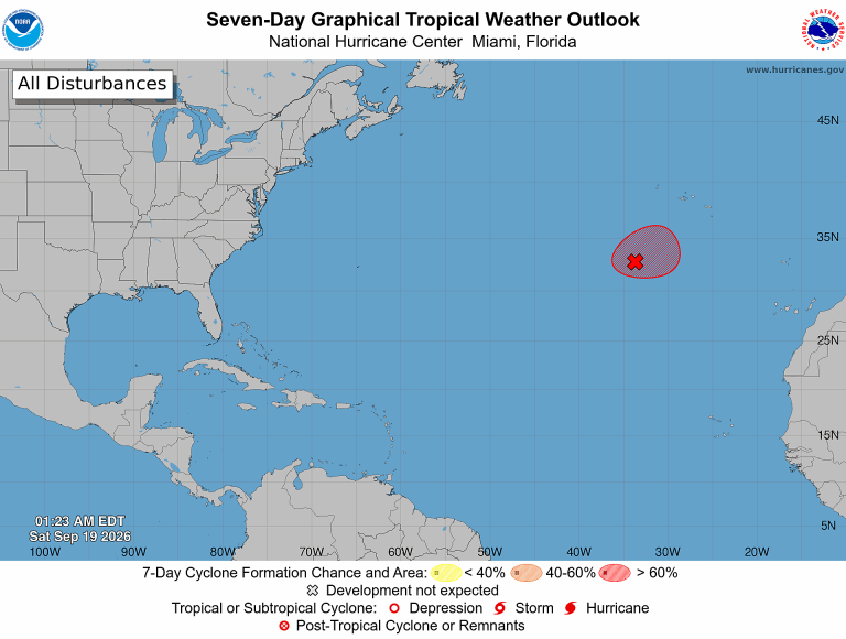 NOAA National Hurricane Center Seven-Day Graphical Tropical Weather Outlook at 1:23 AM EDT Saturday, September 19, 2026, showing one high-chance formation area in the eastern subtropical Atlantic