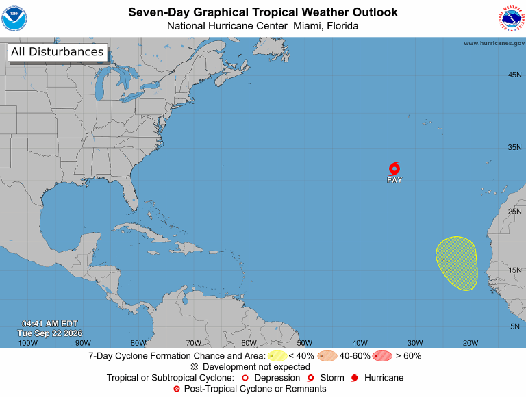 NOAA National Hurricane Center Seven-Day Graphical Tropical Weather Outlook at 4:41 AM EDT Tuesday, September 22, 2026, showing Tropical Storm Fay southwest of the Azores and one far eastern Atlantic disturbance area with a low, under-40-percent formation chance