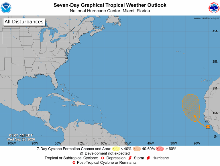 NOAA National Hurricane Center Seven-Day Graphical Tropical Weather Outlook at 1:07 AM EDT Wednesday, September 23, 2026, showing one orange-hatched formation area in the far eastern tropical Atlantic with no active tropical cyclone shown