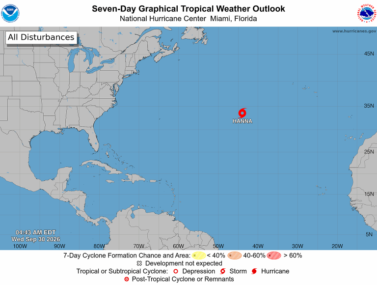 NOAA National Hurricane Center Seven-Day Graphical Tropical Weather Outlook at 4:43 AM EDT Wednesday, September 30, 2026, showing Tropical Storm Hanna in the central Atlantic with no separate disturbance marker or colored formation area