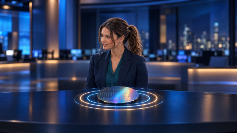 Jennifer Hudsen reviews an abstract unbranded silicon wafer and luminous rings in a fictional late-night newsroom; original synthetic editorial art, not an NVIDIA or Anthropic interface.