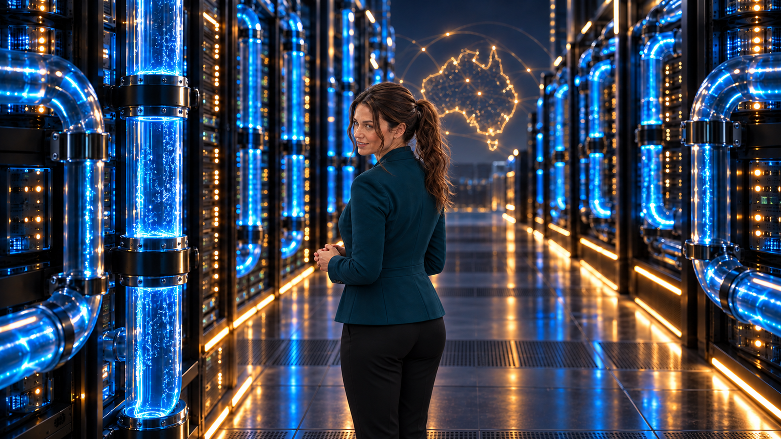 Jennifer Hudsen standing in an abstract, illuminated server and liquid-cooling corridor with an unlabeled light outline of Australia; original synthetic editorial art, not a real facility.