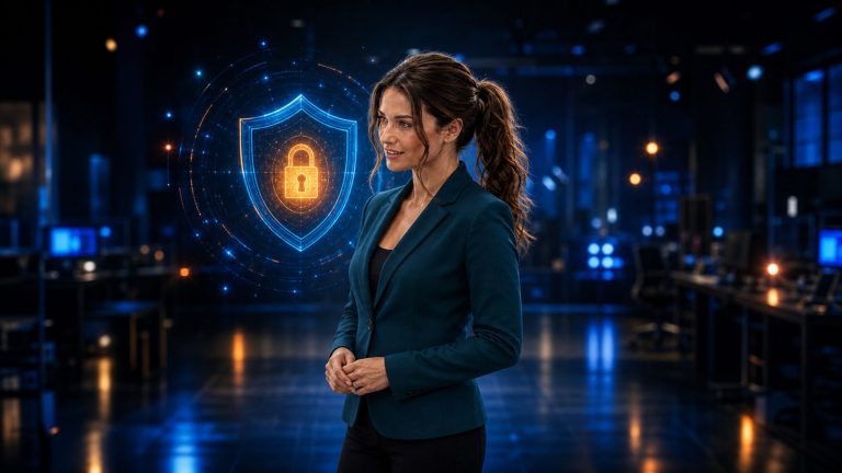Original Jennifer newsroom concept art: Jennifer Hudsen stands beside an abstract glowing shield and lock symbolizing restricted access to OpenAI’s announced Astra cybersecurity capabilities. Not a real interface, model screen, test environment or control room.