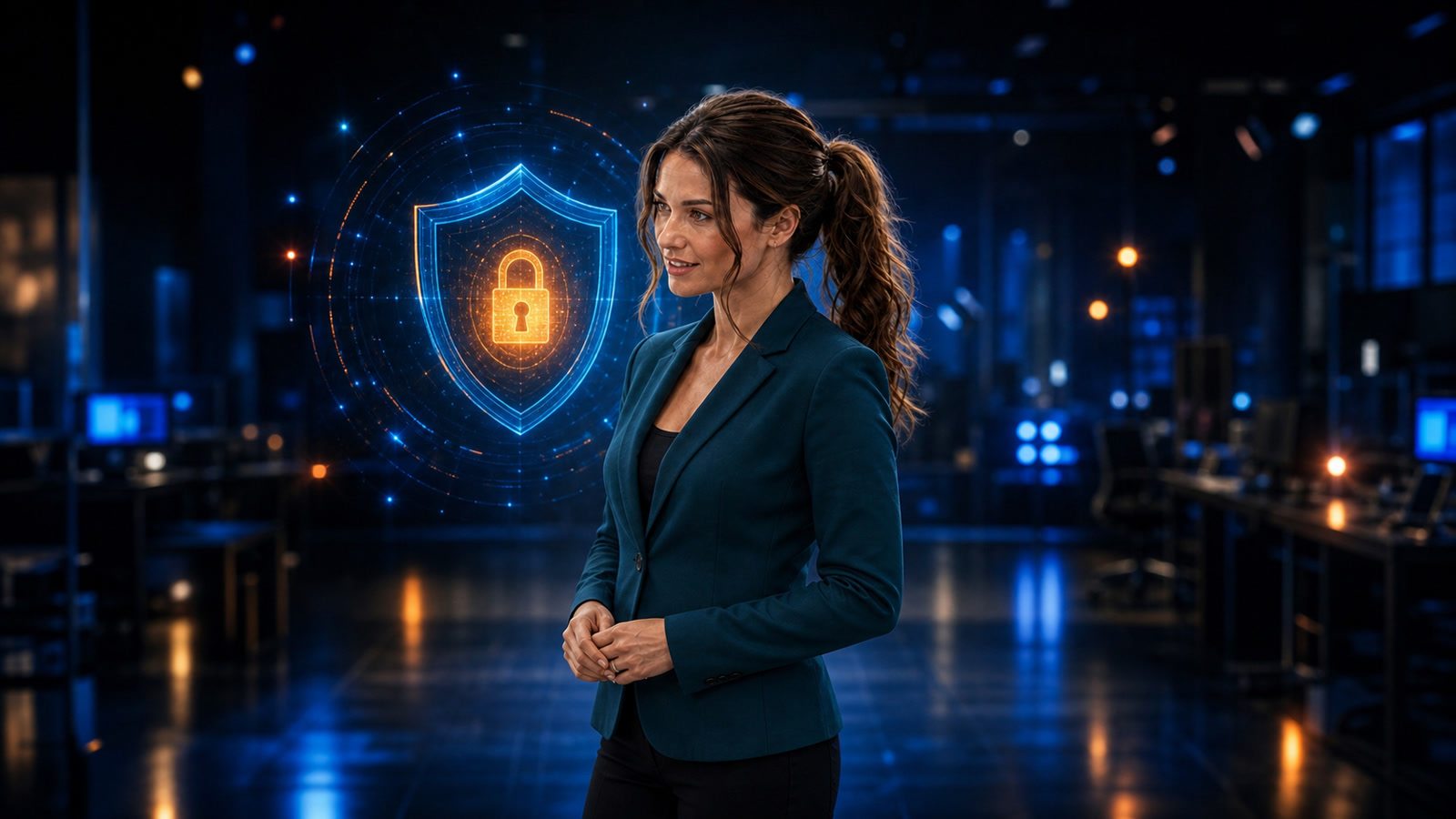 Original Jennifer newsroom concept art: Jennifer Hudsen stands beside an abstract glowing shield and lock symbolizing restricted access to OpenAI’s announced Astra cybersecurity capabilities. Not a real interface, model screen, test environment or control room.