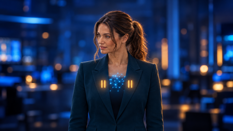 Jennifer Hudsen stands in a fictional late-night newsroom with an abstract neural network and amber pause lights; original synthetic editorial art, not OpenAI imagery or a real interface.