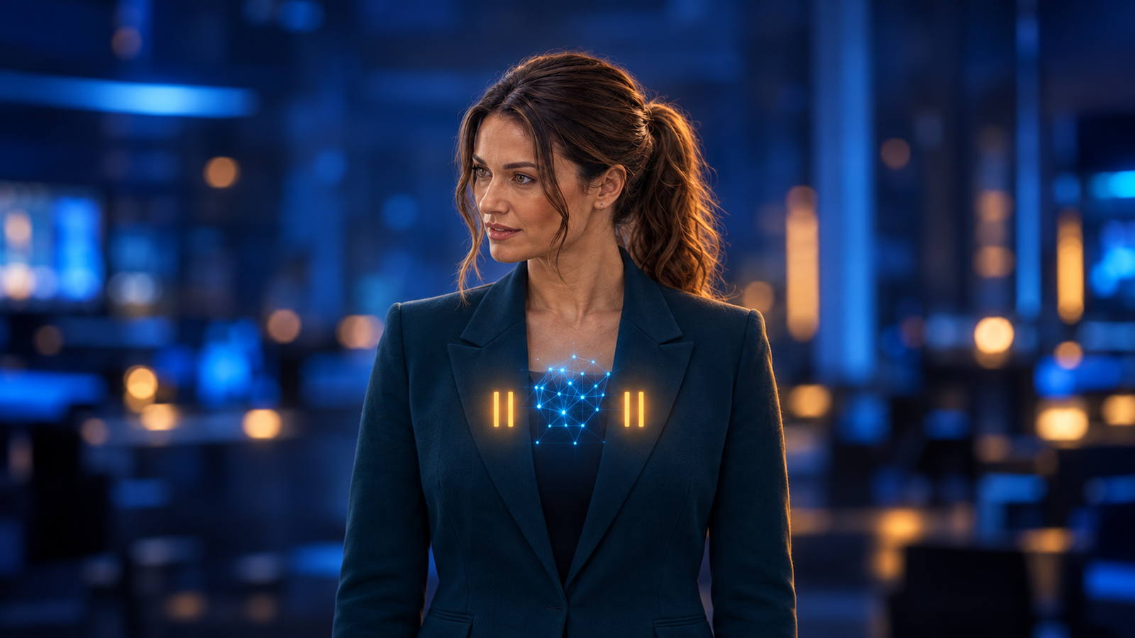 Jennifer Hudsen stands in a fictional late-night newsroom with an abstract neural network and amber pause lights; original synthetic editorial art, not OpenAI imagery or a real interface.