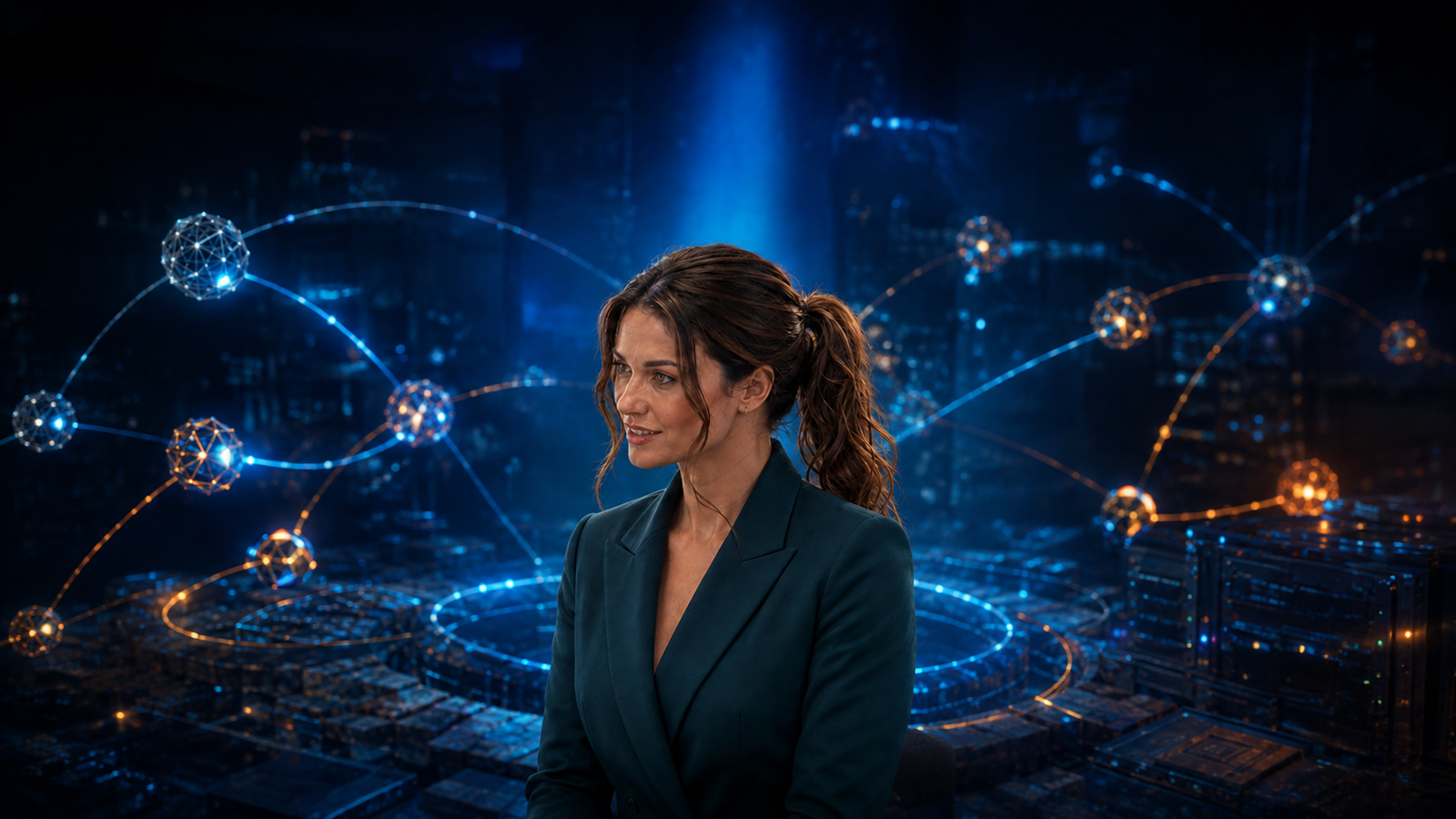 Jennifer Hudsen in a late-night newsroom beside an abstract network of agent-like nodes. Original editorial art; not a real interface or incident photograph.