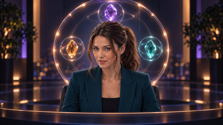 Jennifer Hudsen studies abstract unmarked gemstone shapes linked to neutral server nodes in a fictional late-night newsroom; original synthetic editorial art, not a real OpenAI or RubyGems interface.