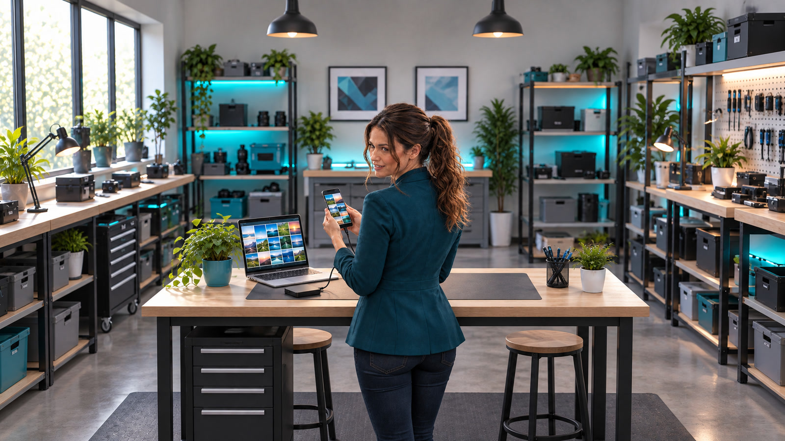 Jennifer Hudsen looks over her shoulder while connecting an unbranded smartphone to a laptop and external drive at a tidy repair bench.