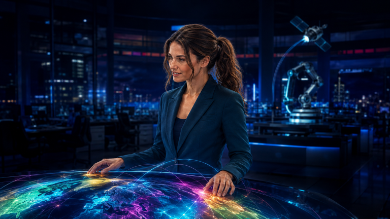 Jennifer Hudsen studies a generic false-color Earth display in a late-night satellite newsroom. Original synthetic editorial concept art about hyperspectral sensing and satellite production; not Pixxel media, an official interface, or an actual satellite image.