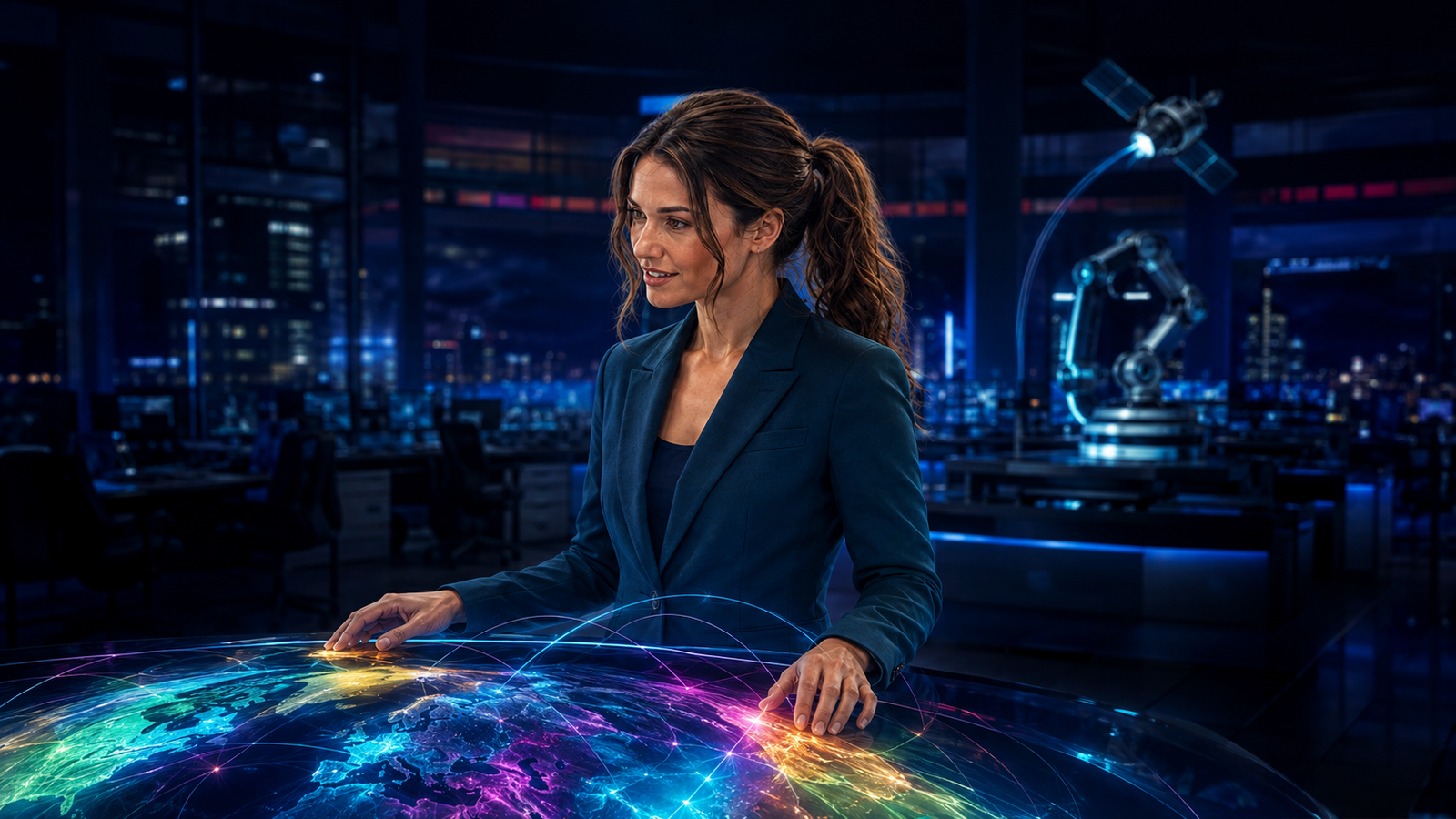 Jennifer Hudsen studies a generic false-color Earth display in a late-night satellite newsroom. Original synthetic editorial concept art about hyperspectral sensing and satellite production; not Pixxel media, an official interface, or an actual satellite image.