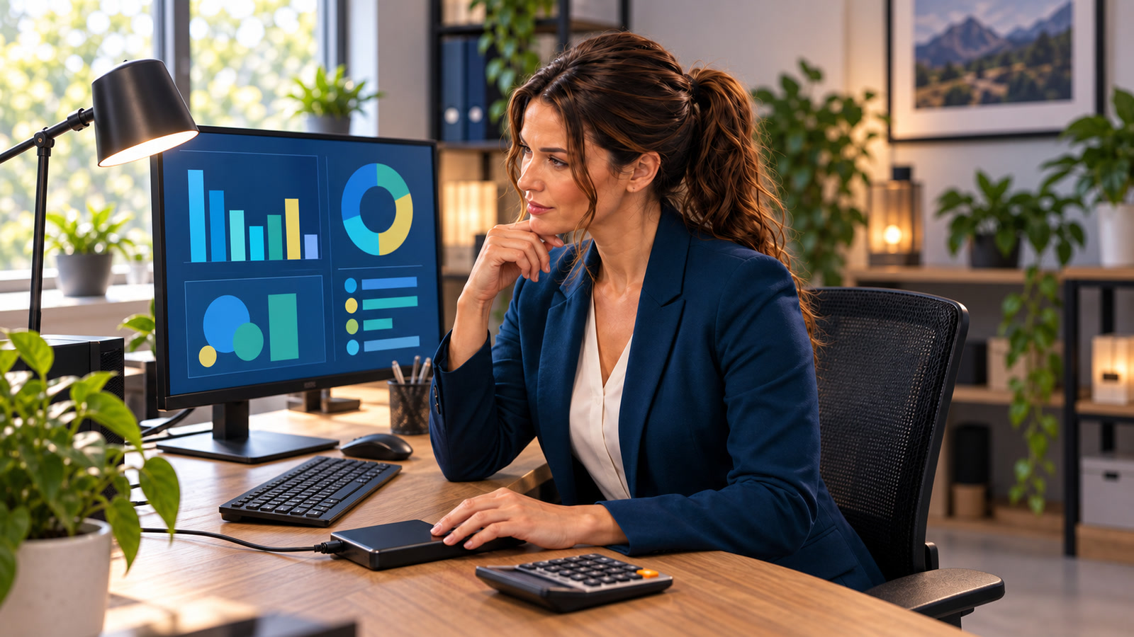 Jennifer Hudsen reviews an unbranded desktop accounting workstation with a calculator and neatly organized backup drive in a small-business office.