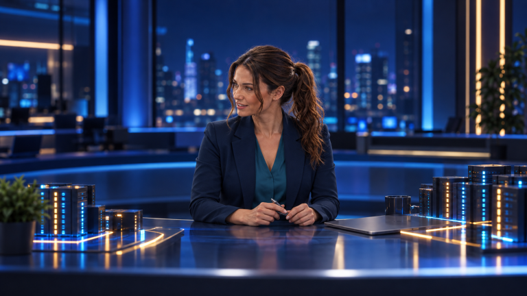 Jennifer Hudsen reviews an abstract illuminated data-center model in a late-night newsroom; original synthetic editorial art, not Fluidstack equipment or a government document.